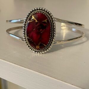 Sterling Silver Red Dahlia Turquoise Cuff Bracelet – Adjustable